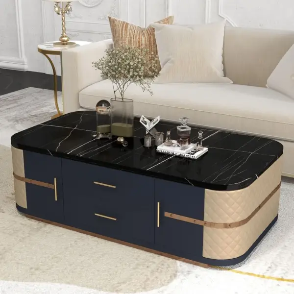 Modern Marble Coffee Table with Storage in Black - Image 2