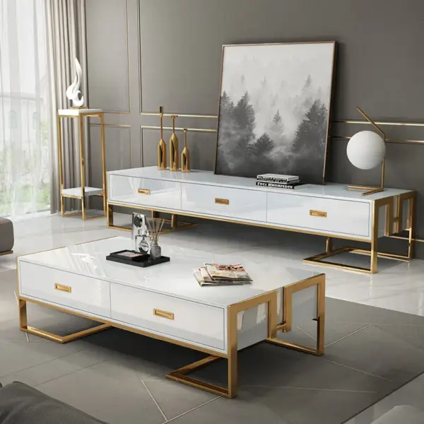 1800mm Modern Jocise White & Gold TV Stand 3 Drawers Media Console - Image 4