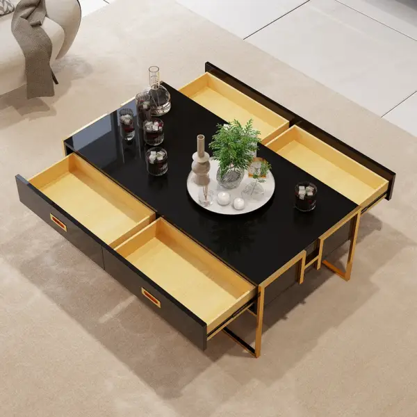 Jocise Contemporary Black Rectangular Coffee Table with Drawers Lacquer Gold Base - Image 11