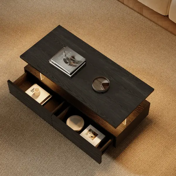 1200mm Modern Black Rectangular Acrylic LED Lights Coffee Table with Storage - Image 5