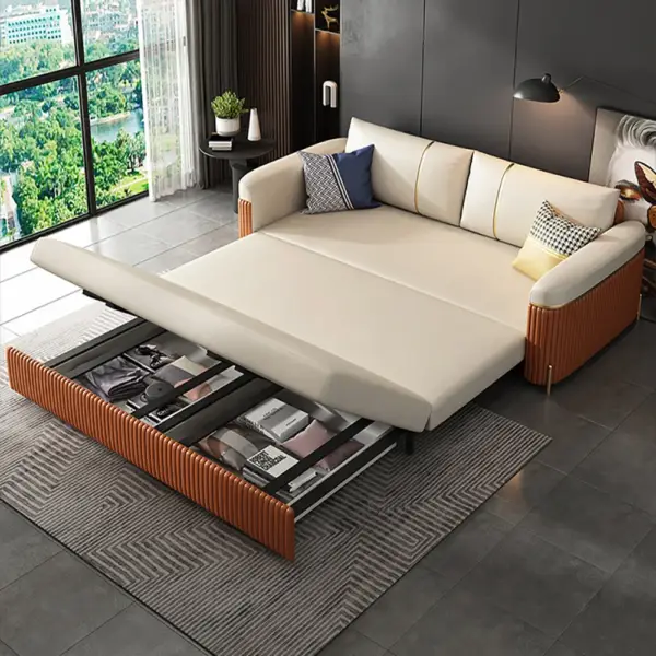2010mm Full Sleeper Sofa Bed with Storage Upholstered Convertible Leathaire Beige - Image 5