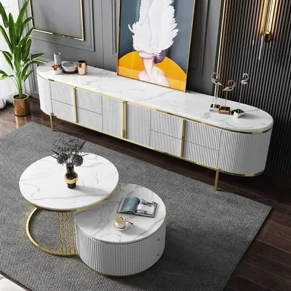Gline Modern Oval TV Stand White Marble Top with Drawers & Storage for 2159mm TV - Image 2
