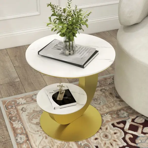 White & Gold Faux Marble Side Table 2 Tier Round End Table Modern Simplicity Living Room - Image 7