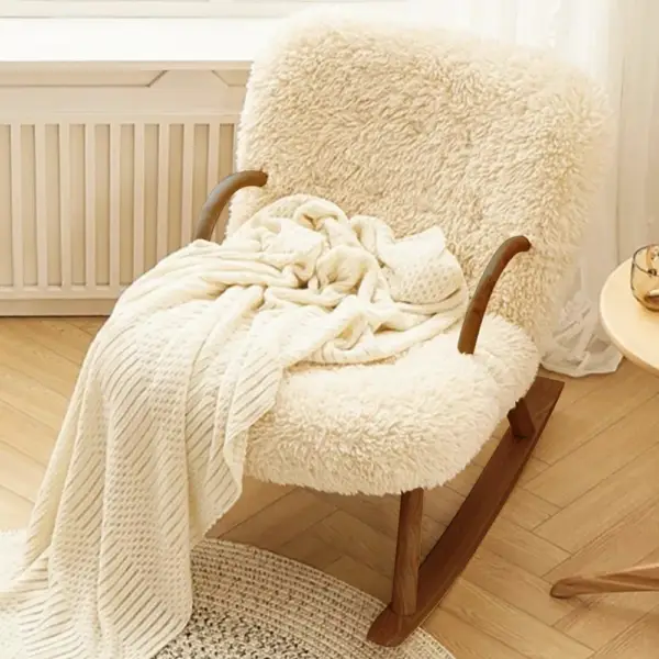 White Boucle Upholstery Rocking Chair Solid Wood Accent Chair in Walnut - Image 4