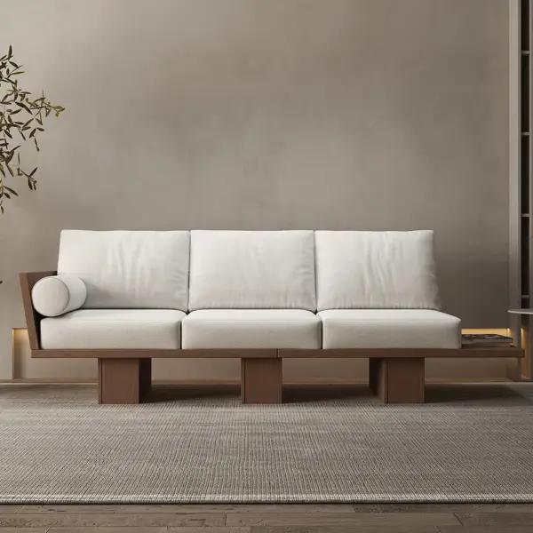 2460mm Walnut Japandi Solid Wood Living Room Sofa 3-Seater Cotton & Linen Upholstery