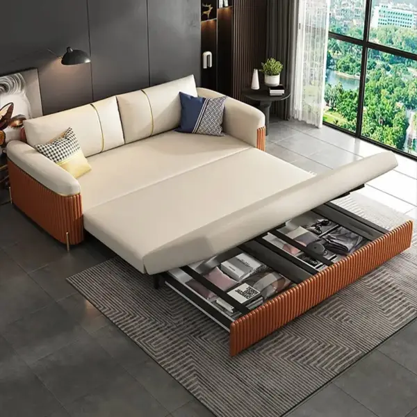 2010mm Full Sleeper Sofa Bed with Storage Upholstered Convertible Leathaire Beige - Image 11