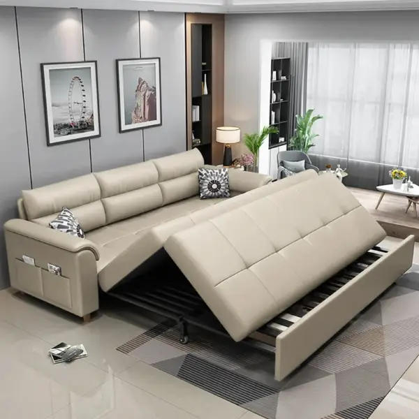 1880mm Beige Full Sleeper Convertible Sofa with Storage & Pockets Sofa Bed - Image 3