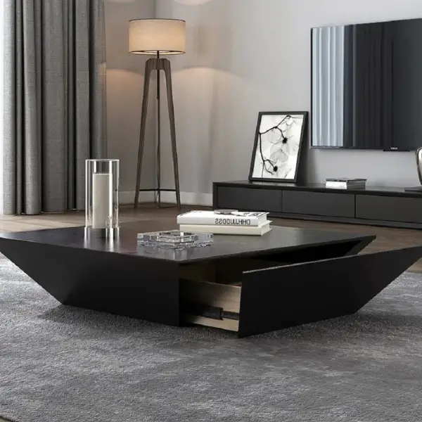 Modern Black Wood Coffee Table with Storage Square Drum with Drawer - Image 2