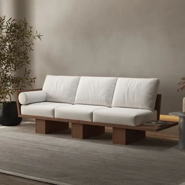 2460mm Walnut Japandi Solid Wood Living Room Sofa 3-Seater Cotton & Linen Upholstery - Image 2