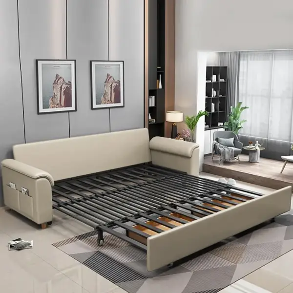 1880mm Beige Full Sleeper Convertible Sofa with Storage & Pockets Sofa Bed - Image 8