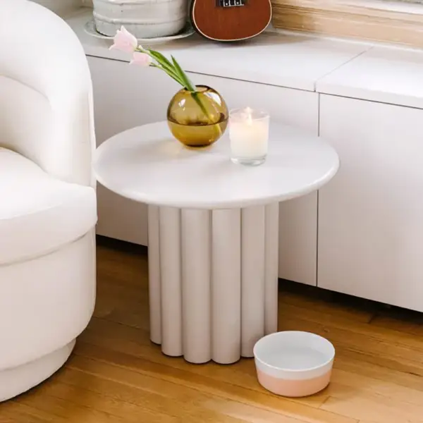Yarnic Japandi White Fluted Side Table Round Wood End Table with Unique Design - Image 6