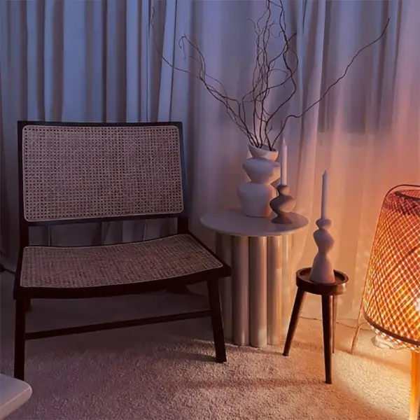 Yarnic Japandi White Fluted Side Table Round Wood End Table with Unique Design - Image 5