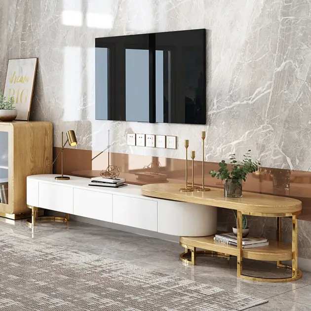Nesnesis Modern Extending TV Stand with Storage Oval White & Natural Media Console