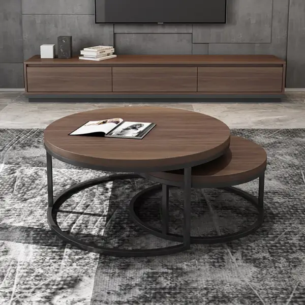 Fero 2 Pieces Modern Walnut & Black Round Nesting Coffee Table for Living Room - Image 3
