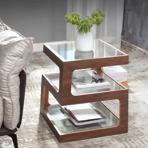 Modern Glass Side Table with 3 Tiers S-shaped End Table in Walnut - Image 8