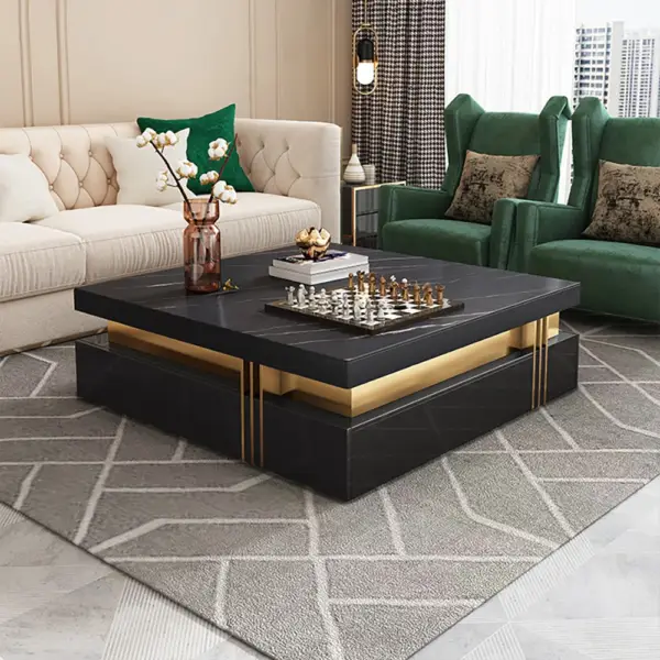 Trimied 1100mm Modern Black Square Storage Coffee Table Stone Top & 4 Wood Drawers - Image 2
