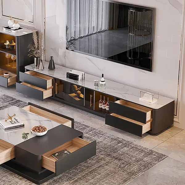 Modern Dark Grey TV Stand Stone Top 4-Drawer Glass Doors Media Console in Large - Image 4