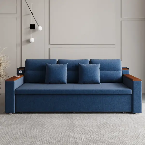 2100mm Blue Full Sleeper Sofa Linen Convertible Sofa Bed with Storage & Side Pockets