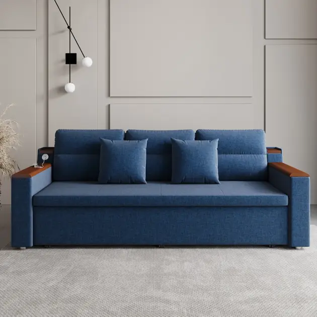 2100mm Blue Full Sleeper Sofa Linen Convertible Sofa Bed with Storage & Side Pockets