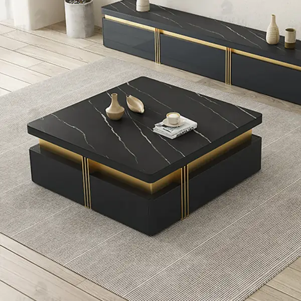 Trimied 1100mm Modern Black Square Storage Coffee Table Stone Top & 4 Wood Drawers - Image 3