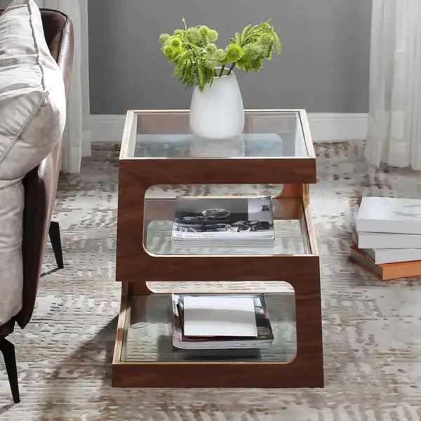 Modern Glass Side Table with 3 Tiers S-shaped End Table in Walnut - Image 4