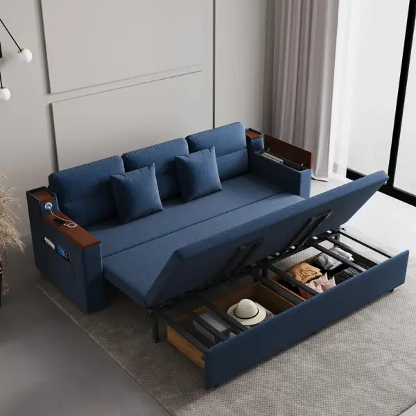 2100mm Blue Full Sleeper Sofa Linen Convertible Sofa Bed with Storage & Side Pockets - Image 5