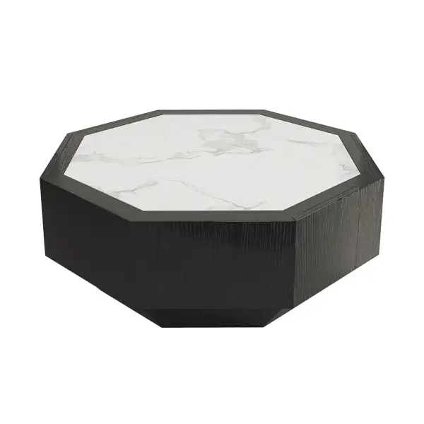 Wood Octagonal Coffee Table Rotating in Black with 2 Drawers Sintered Stone Top - Image 10