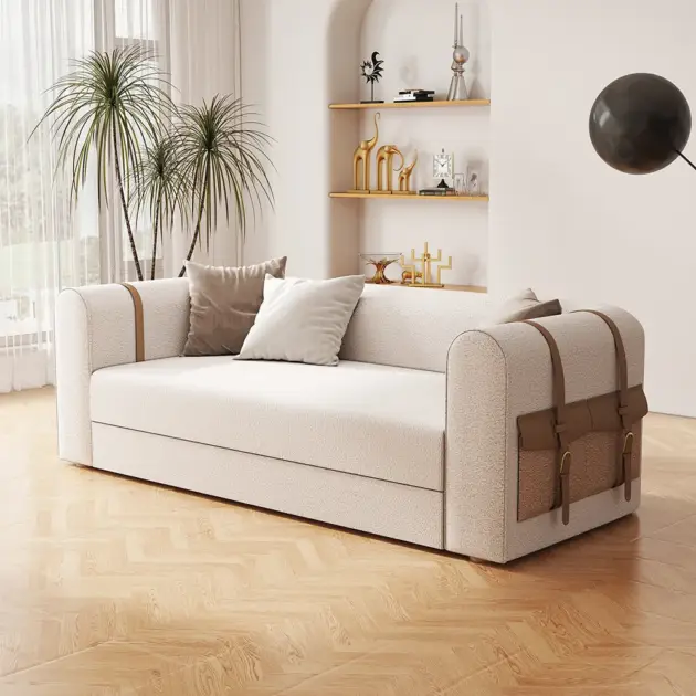 2220mm Modern White Boucle 3-Seater Sofa Upholstered Convertible with Side Storage