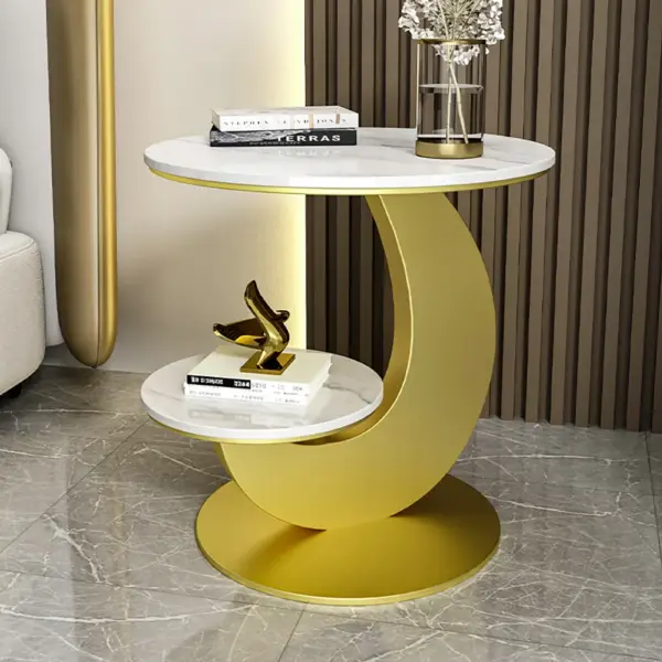 White & Gold Faux Marble Side Table 2 Tier Round End Table Modern Simplicity Living Room - Image 9