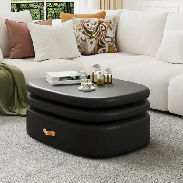 3-Tiered Modern Oval Black Pebbles Rotating Coffee Table with Storage - Image 2