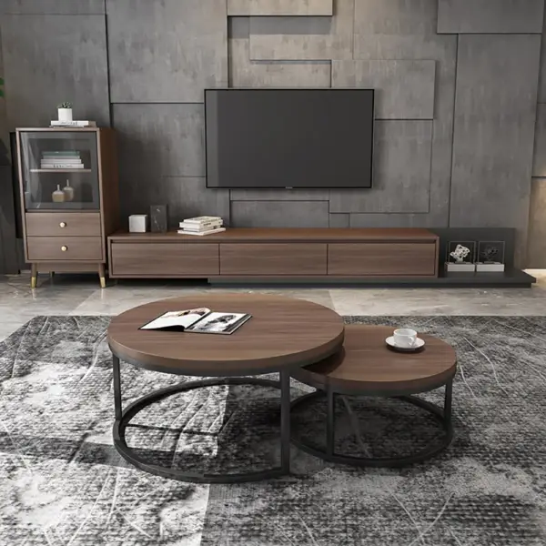 Fero 2 Pieces Modern Walnut & Black Round Nesting Coffee Table for Living Room - Image 4