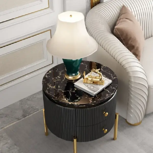 Yelly Modern Round End Table With Storage Black Faux Marble Side Table Gold Legs - Image 12