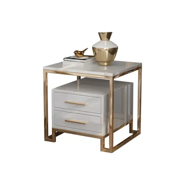 White Side Table with Two-Drawer End Table Stainless Steel in Gold - Image 8