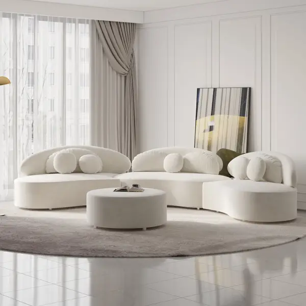 Modern 7 Seat Sectional Sofa Curved Modular Beige Velvet Upholstered with Ottoman - Image 3