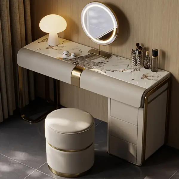 Modern Grey Makeup Vanity Set with Side Cabinet Dressing Table with Mirror & Stool - Image 4