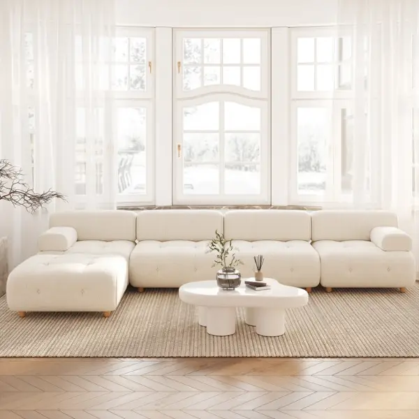 Modern L-Shaped Modular White Boucle Corner Sectional Sofa Loveseat with Wood Legs - Image 4