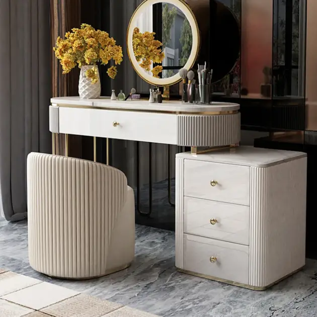 Oboval Modern Makeup Vanity Table with Side Cabinet 4 Drawers & Faux Marble Top in White