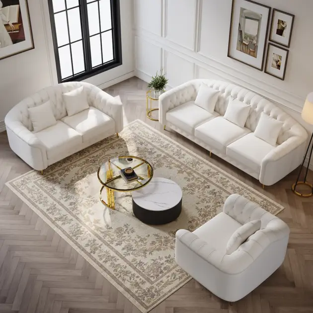 3 Pieces Beige Leather Sofa and Loveseat Living Room Set with Pillows
