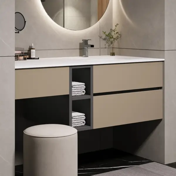 1000mm Modern Floating Bathroom Vanity Set with Single Basin & a Makeup Counter in Khaki - Image 4