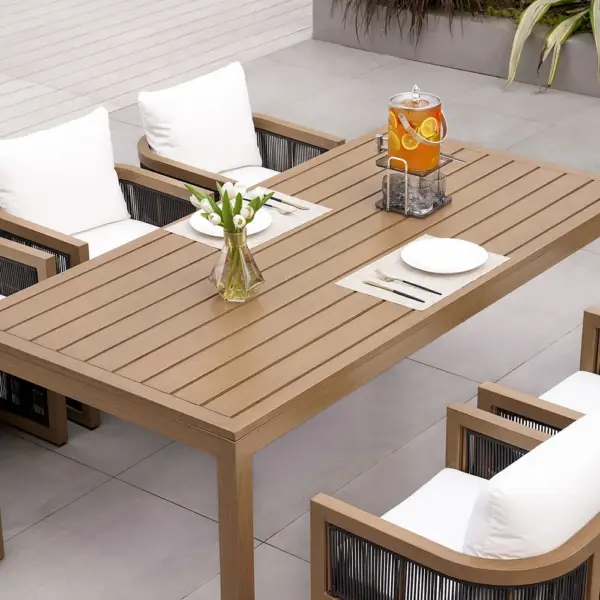 7 Pieces Outdoor Dining Set For 6 with Rectangle Table & Rope Woven Armchair in Natural - Image 4