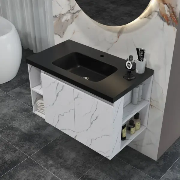 700mm Faux Marble Wall-Hung Bathroom Vanity with Top Stone Slate Countertop & Basin - Image 3