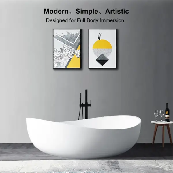 1785mm Contemporary Oval Freestanding Stone Resin Soaking Bath in Glossy White - Image 10