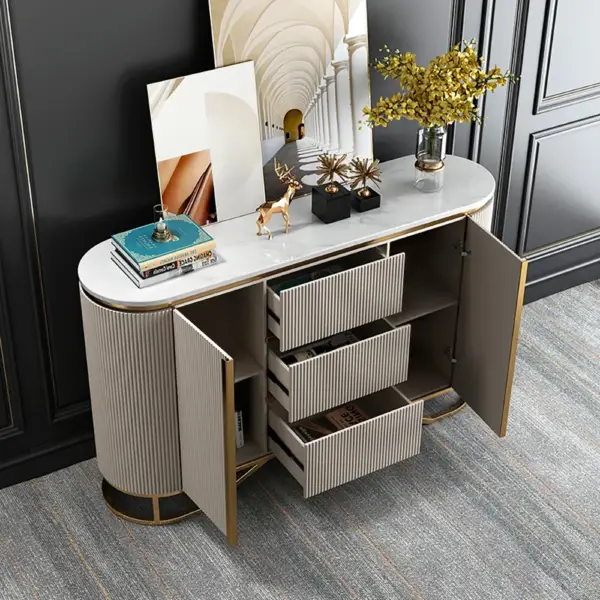 White Buffet Faux Marble Top Modern Sideboard with Stainless Steel Base - Image 2