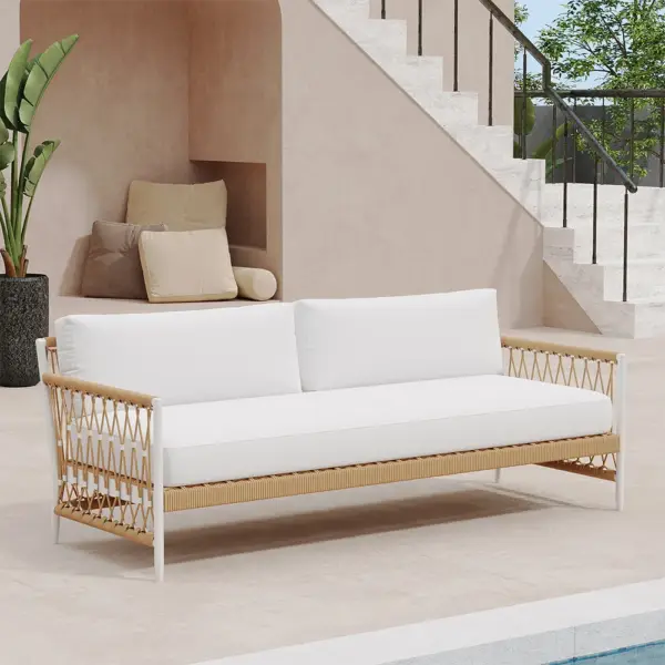 Ropipe Woven Rope Outdoor Sofa 3-Seater Sofa with White Polyester Pillow Cushion - Image 4