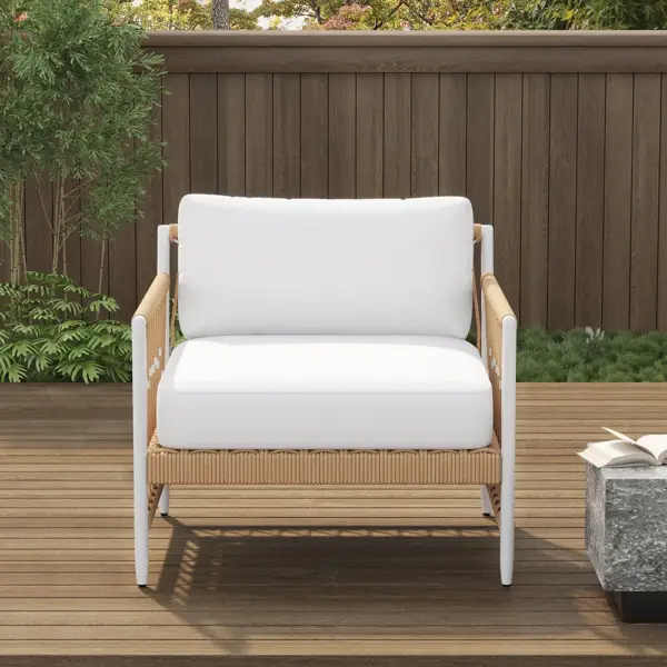 Ropipe Woven Rope Outdoor Armchair Accent Chair with White Polyester Cushion - Image 2