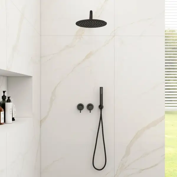 250mm Wall-Mounted Round Black Shower Set 2-Function with Hand Shower - Image 7