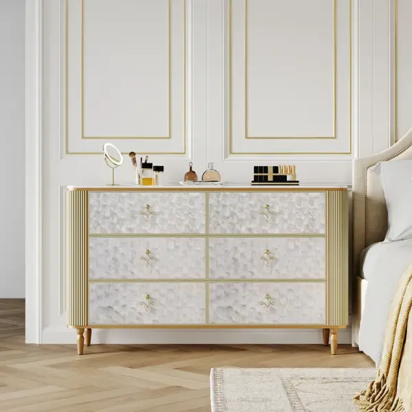 Art Deco 6 Drawer Dresser Capiz Shell Beige Chest Storag Cabinet with Sintered Stone Top - Image 2