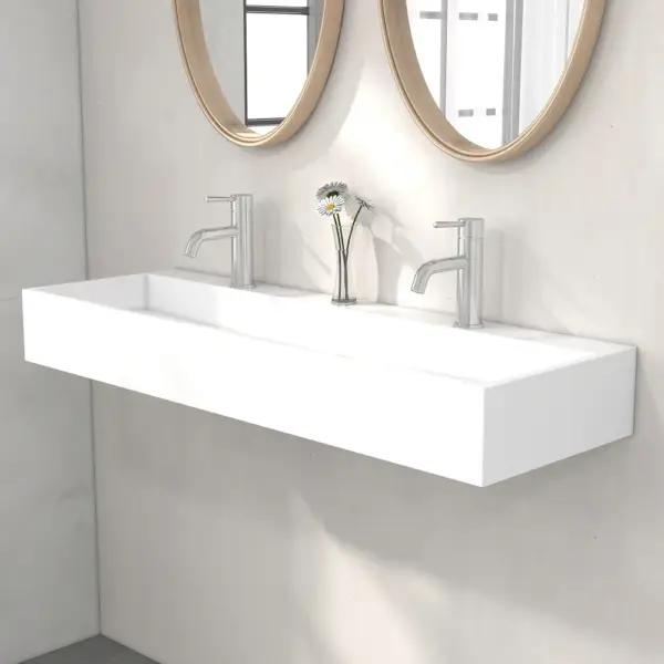 1200mm Wall-Mount Double Basin Stone Resin Matte White Floating Trough Bathroom Basin - Image 4