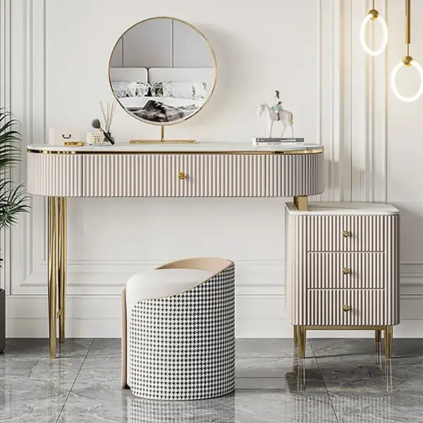 Champagne Faux Marble Top Makeup Vanity Set with 1 Stool & 1 Cabinet & 1 Mirror - Image 3