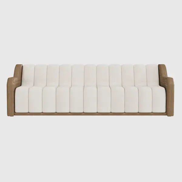 2400mm Modern White 3 Seater Fluted Velvet Upholstered Sofa Walnut Leather Arm - Image 4